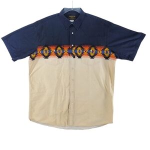 Vtg Rustler Wrangler Shirt Mens XLT Pearl Snap Aztec Print Blue Beige S/S